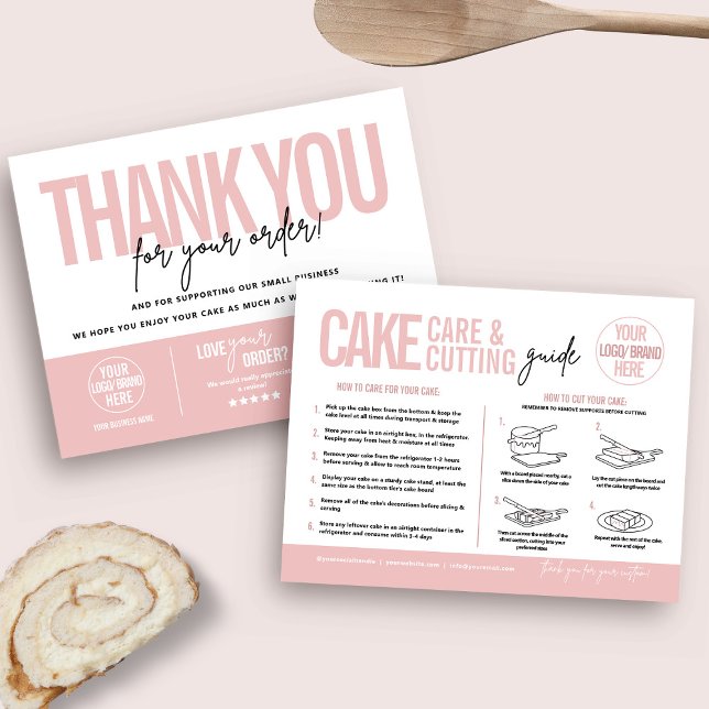 Cake Care & Cutting Guide V2, Cake Serving Guide Thank You Card (Cake care guide and cake cutting instructions card with business thank you card reverse side)