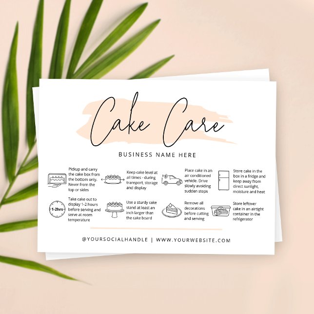 Cake Care Instructions Light Soft Beige Watercolor Business Card (Cake care instructions business cards in light beige color, featuring care icons and trendy fonts)