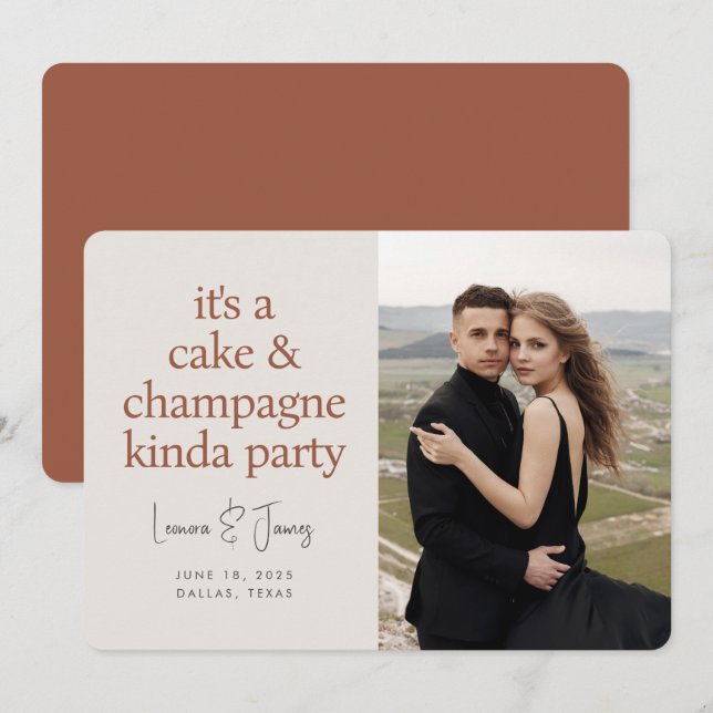 Cake Champagne Fun Typography Terracotta Wedding  Save The Date (Front/Back)