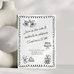 Cake Cocktails 50th Birthday Black White Doodle Invitation