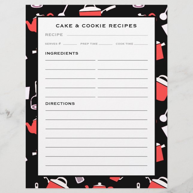 Cake & Cookie Recipe Insert | Black & Red Kitchen (Front)