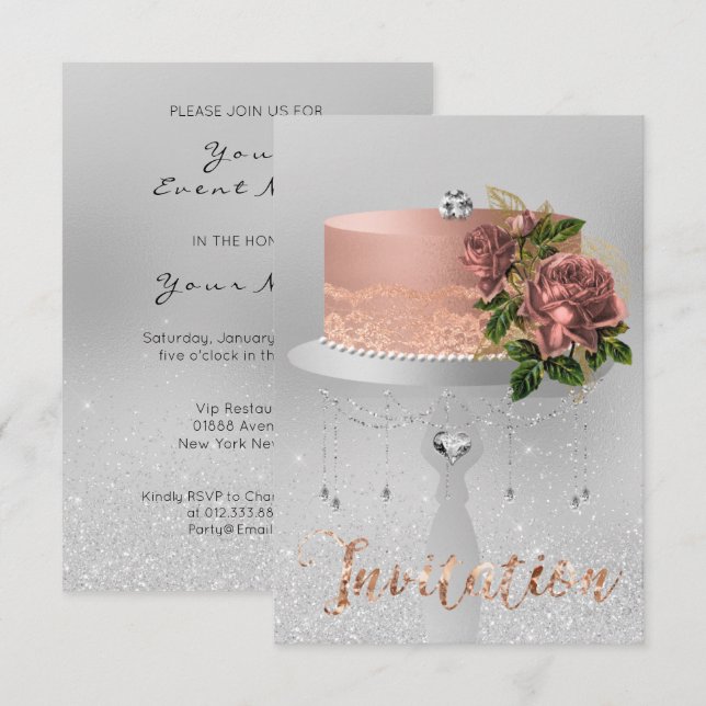 Cake Flower Rose Gold Crystals Silver Grey Glitter Invitation (Front/Back)