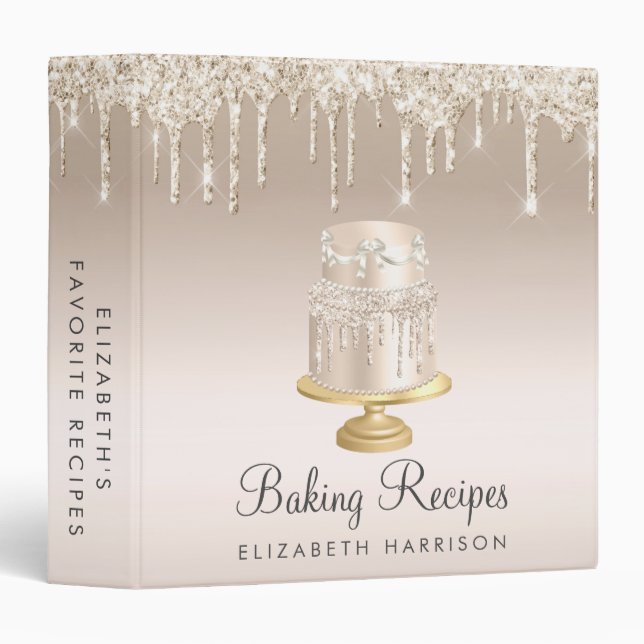 Cake Gold Glitter Drips Personalized Recipe 3 Ring Binder (Front/Spine)