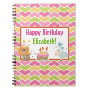 Cake, Lion, Sheep and Balloons Happy Birthday Notebook