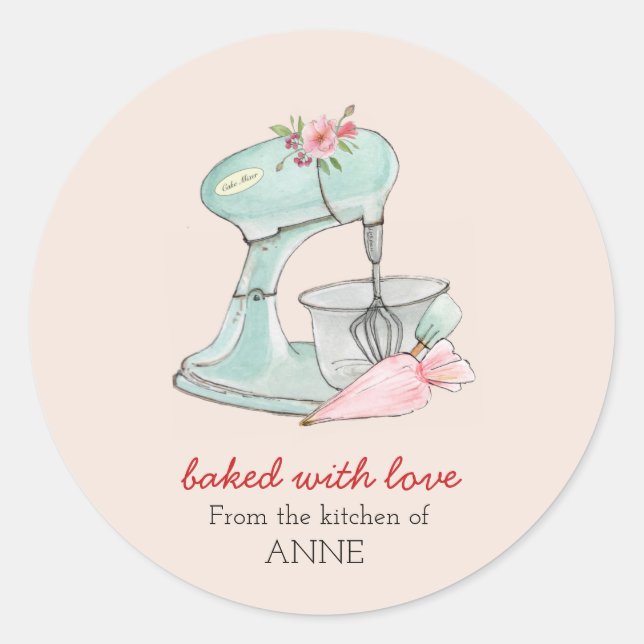 Cake mixer "Baked with love"  pale pink Bakers Classic Round Sticker (Front)