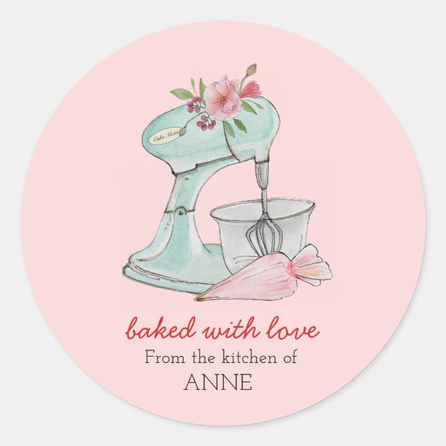 Cake mixer "Baked with love" pink  Classic Round Sticker (Front)