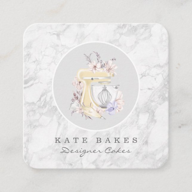 Cake Mixer Bakery Floral Marble Gray Business Card (Front)
