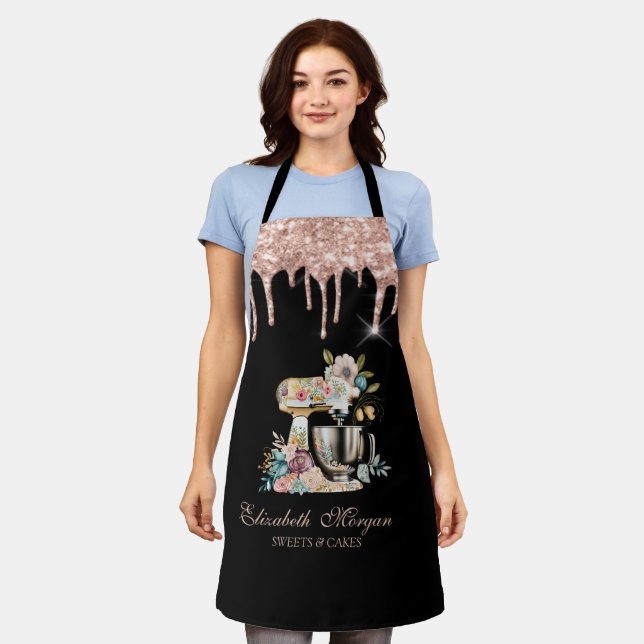 Cake Mixer Flowers Rose Gold Drips Bakery Black  Apron (Worn)