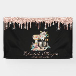 Cake Mixer Flowers Rose Gold Drips Bakery Black Banner