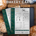 Cake Order Form Bakery Small Business Wedding Cake Flyer<br><div class="desc">Elevate your bakery business with our elegant, customizable order form template, featuring golden bakery icons on a sophisticated dark green background. This template helps you efficiently track and manage your bakery orders, estimate payment methods (cash or electronic), define cake shapes, and much more, simplifying the ordering process for both you...</div>