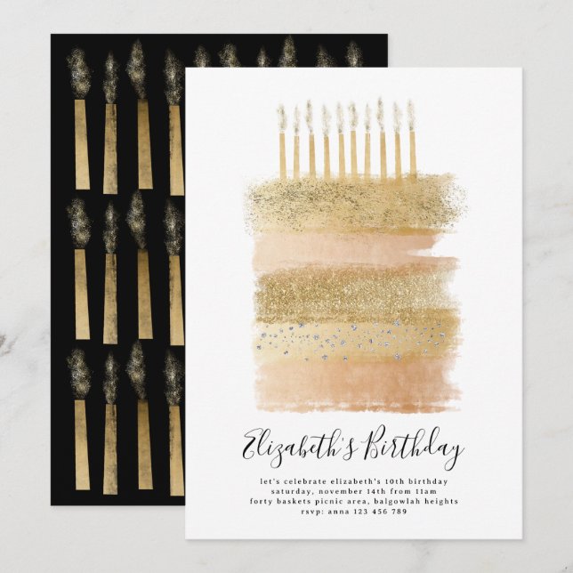 Cake Party Invite Gold Sparkly Girls 10th Birthday (Front/Back)