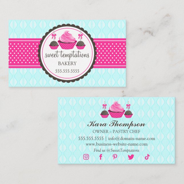 Cake Pops and Cupcake Aqua Pink Business Card (Front/Back)