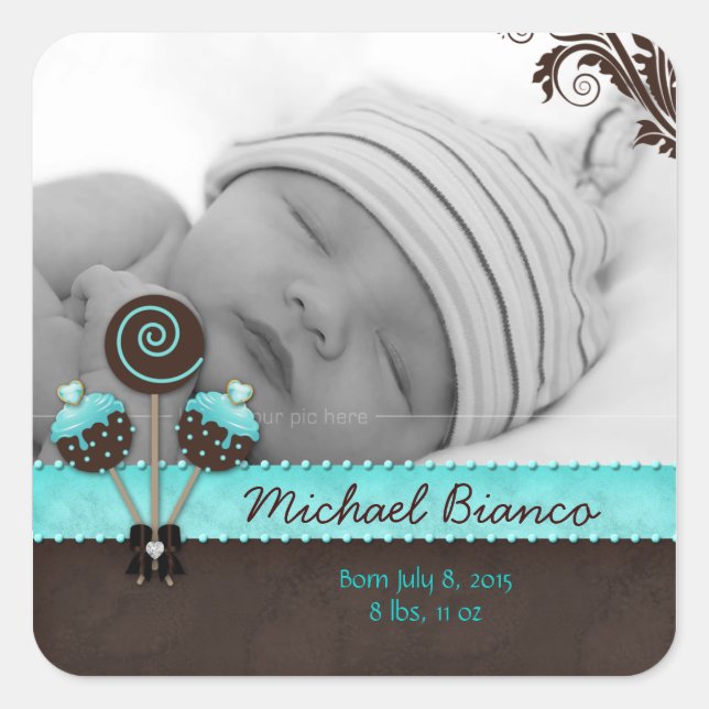 Cake Pops Baby Boy Sticker Blue Brown Candy 2 (Front)