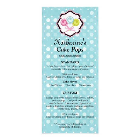 Cake Pops Bakery Custom Promotion Price List Rack Card Zazzle.ca