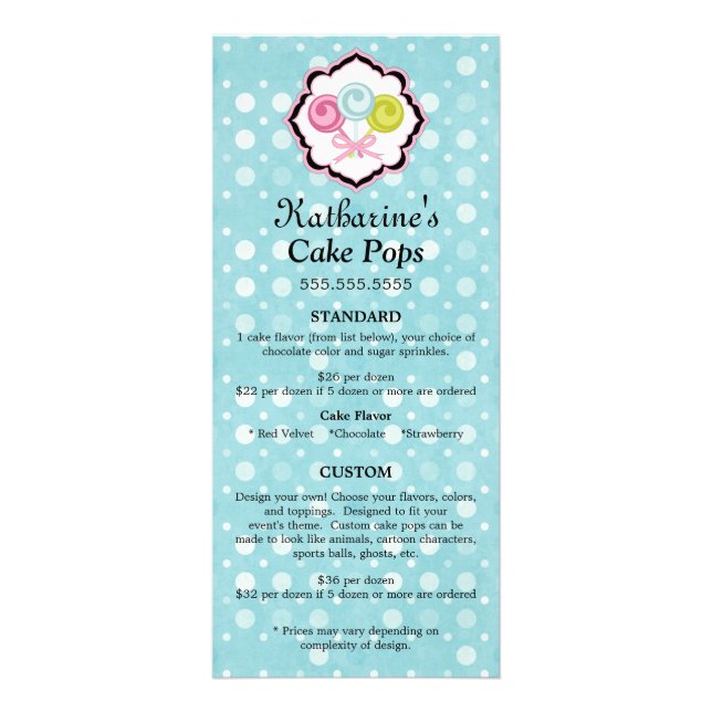 Cake Pops Bakery Custom Promotion Price List Rack Card (Front)