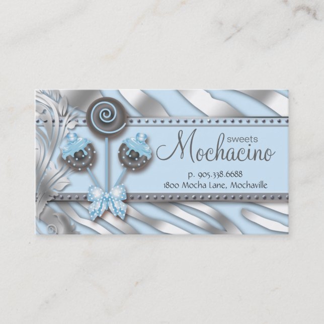 Cake Pops Business Card Bakery Silver Blue Zebra (Front)