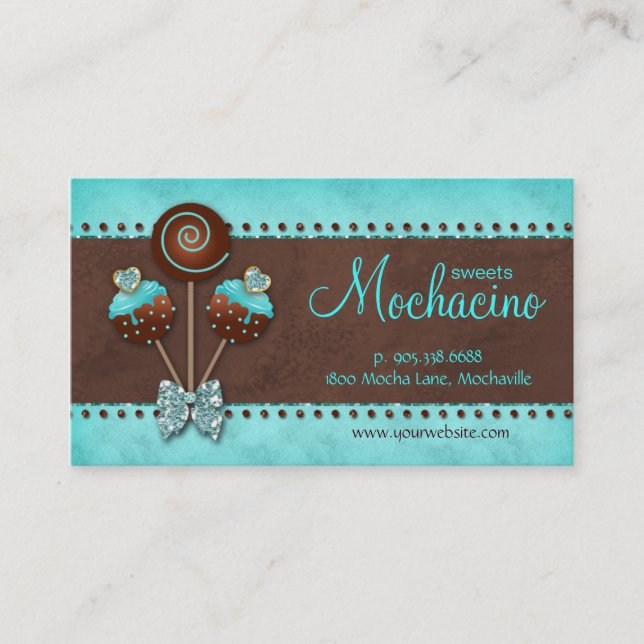 Cake Pops Business Card Bakery Sparkle Blue Brown (Front)