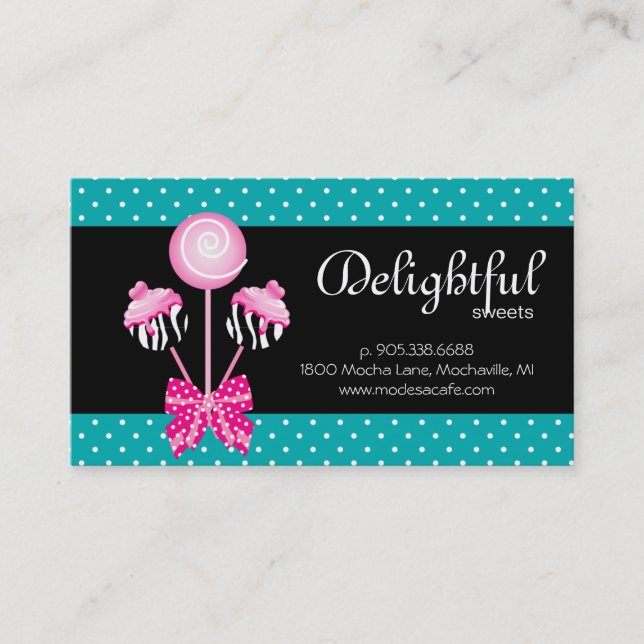 Cake Pops Business Card Bakery Zebra Retro Blue (Front)