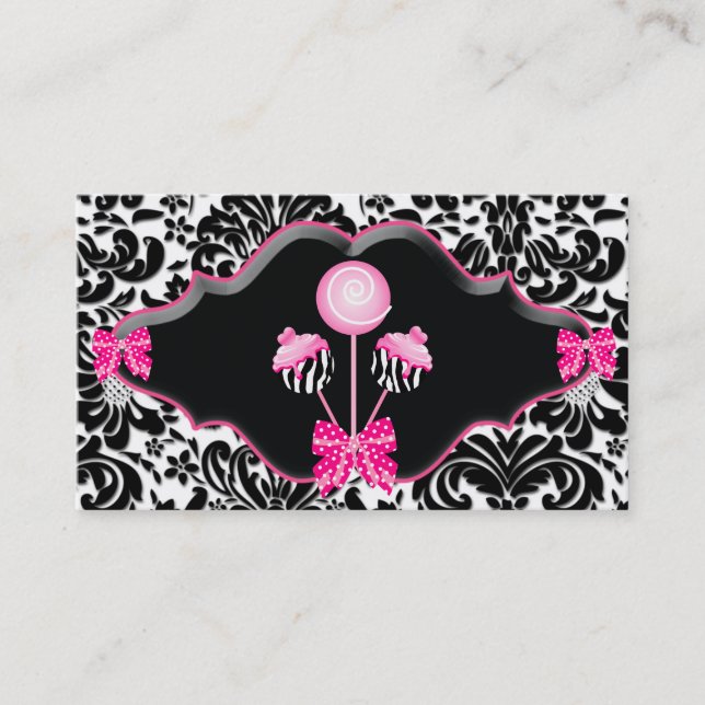 Cake Pops Business Card Pink Damask Zebra (Front)