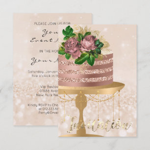 Cake Rose Gold Crystals Creamy Confetti Glitter Invitation