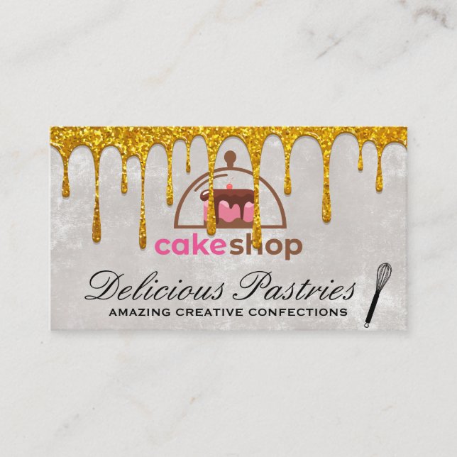 Cake Shop | Gold Drip Whisk Business Card (Front)