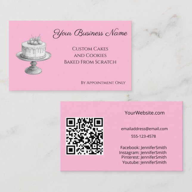Cake Stand Elegant Bakery Pink Custom QR Code Business Card (Front/Back)