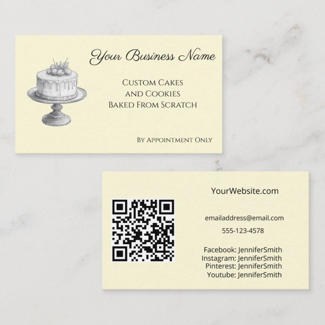 Cake Stand Elegant Bakery Yellow Custom QR Code Business Card (Front/Back)