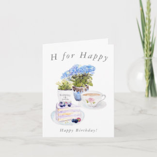 cake tea and flowers set Happy birthday Card 
