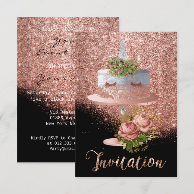 Cake Unicorn Pink Gold Crystals Silver Glitter Lux Invitation (Front/Back)