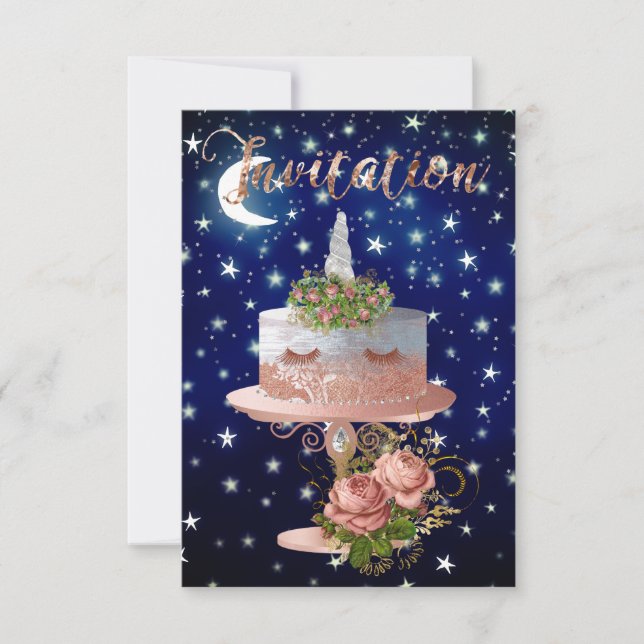 Cake Unicorn Rose Gold Blue Navy Starry Night Invitation (Front)