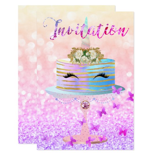 Cake Unicorn Rose Gold Glitter Lashes Bright Pink Card