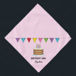 Cake With Colourful Banner On Pink Birthday Girl Bandana<br><div class="desc">Destei's original cartoon illustration of a brown birthday cake with four candles on it and a colourful bunting banner above the cake. The background colour is light pink. One personalizable text area reads: "Birthday Girl" while on another there is space for a name.</div>
