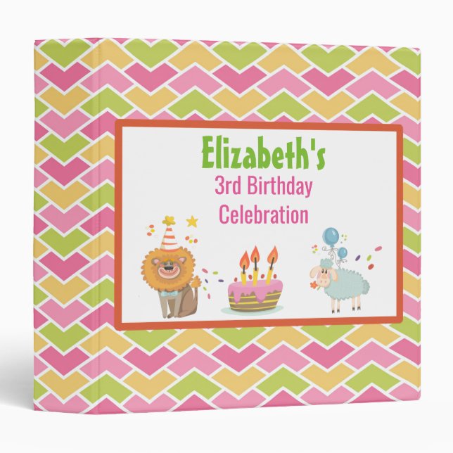 Cake with Party Lion and Sheep Birthday Album Binder (Front/Spine)