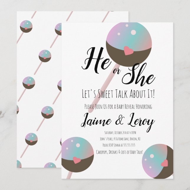 Cakepop Genre Révéler Lui ou Elle Invitation (Devant / Derrière)