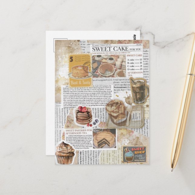 Cakes & Coffee Vintage Ephemera Decoupage Postcard (Front/Back In Situ)