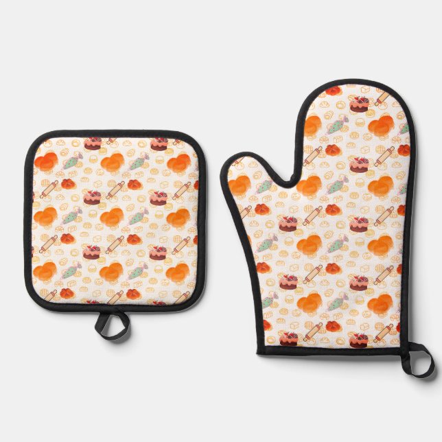 Cakes Croissants Buns Piping bags Rolling pins Oven Mitt & Pot Holder Set (Front)