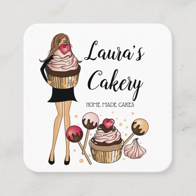 Cakes & Sweets Cupcake Home Bakery Cute Girl Square Business Card (Front)