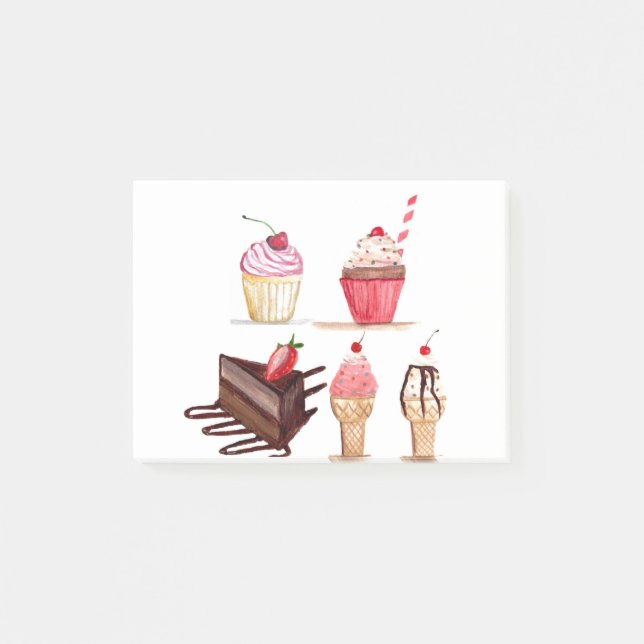 Cakes Watercolor Bakery Sweets Cupcakes Pastry Post-it Notes (Front)