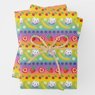 Cakey Cat Rainbow Fruit Pattern Wrapping Paper Sheet