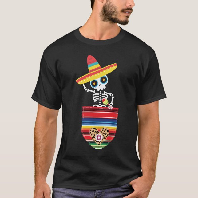 Calaca Blanket Pocket Serape Mexican Cinco De Mayo T-Shirt (Front)