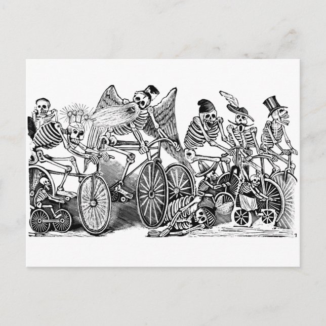 Calavera Bicyclists circa late 1800's Mexico Postcard (Front)