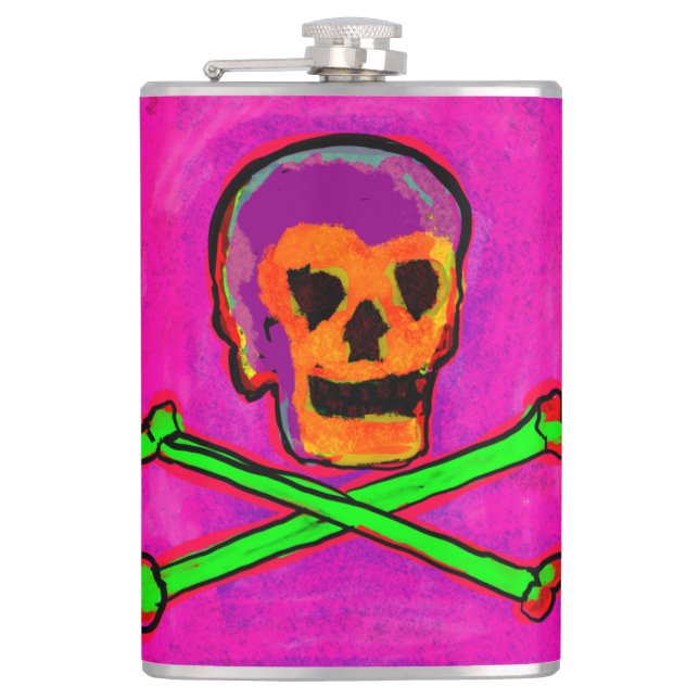 Calavera Skull pGeek NFT Art Purple Pink Green Hip Flask (Front)