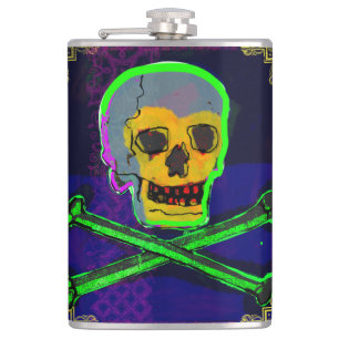 Calavera Skull pGeek NFT Art White Gold Green Blue Hip Flask