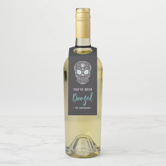 Calavera Skull You've Been Boozed Halloween Bottle Tag (On Bottle)