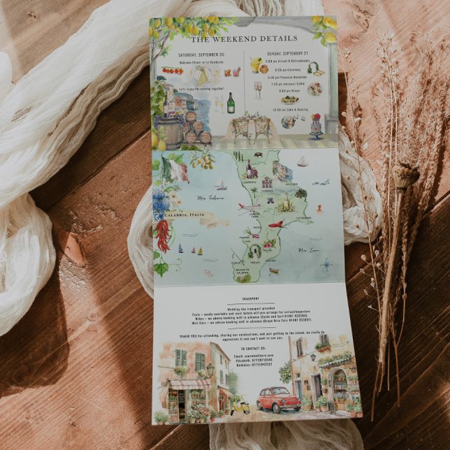 Calbria Italy | Mediterranean Itinerary Map Tri-Fold Invitation (Creator Uploaded)
