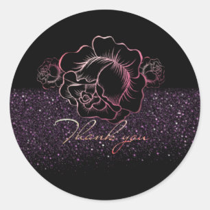 Calcomanía de agradecimiento con rosas y purpurina classic round sticker