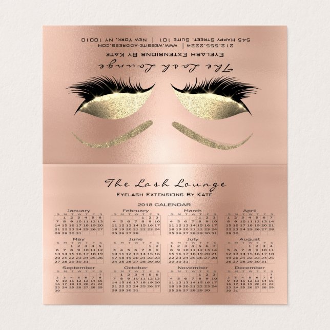 Calendar 2018 Beauty Studio Lashes Pink Rose Business Card (Outside Unfolded)