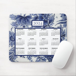 Calendar 2024 Blue White China Floral Pottery Mouse Pad