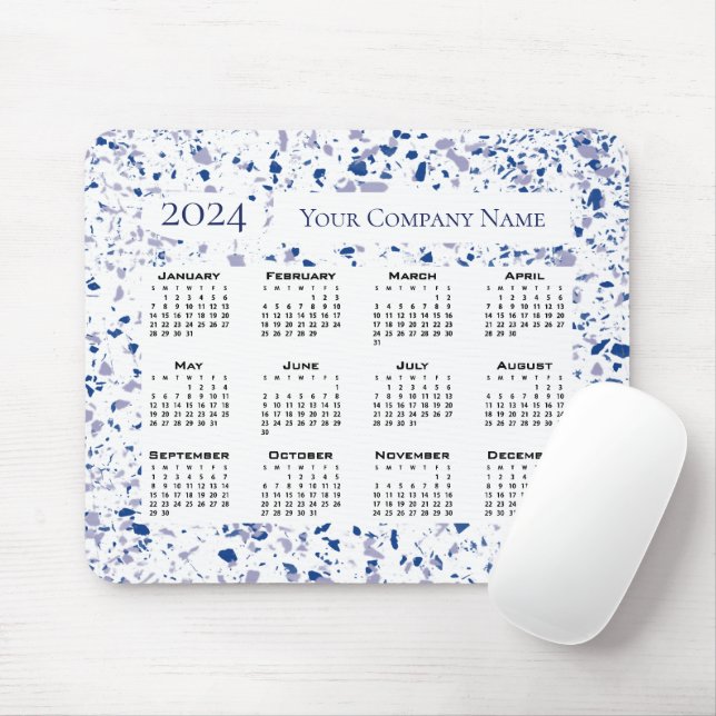 Calendar 2024 Blue White Grey Terrazzo Custom Mouse Pad (With Mouse)