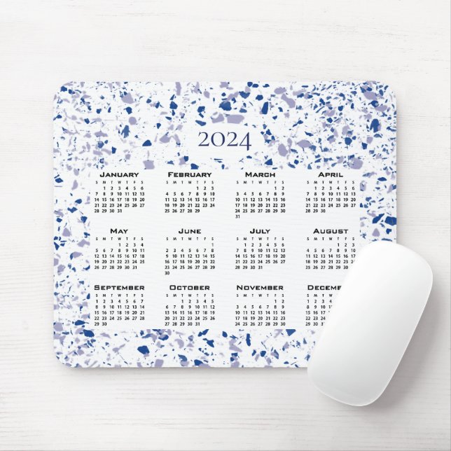 Calendar 2024 Blue White Grey Terrazzo Modern Mouse Pad (With Mouse)